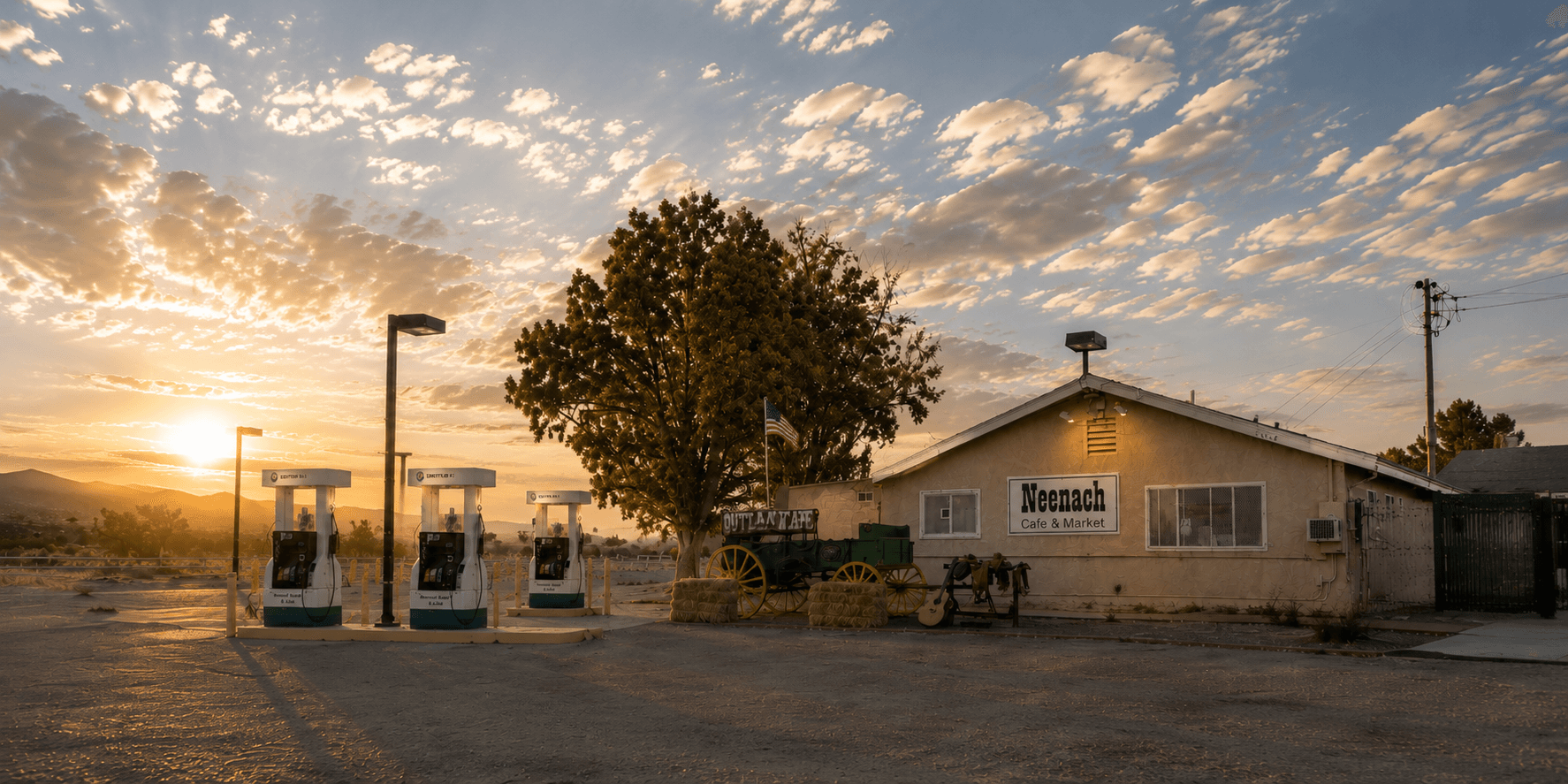 Sunrise over the Neenach Cafe & Market in the California high desert